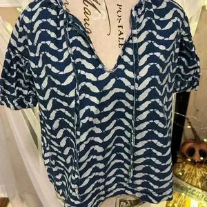 Madewell Women’s Blue Print Wave Peasant Print Blouse. XXS. 100% Cotton.